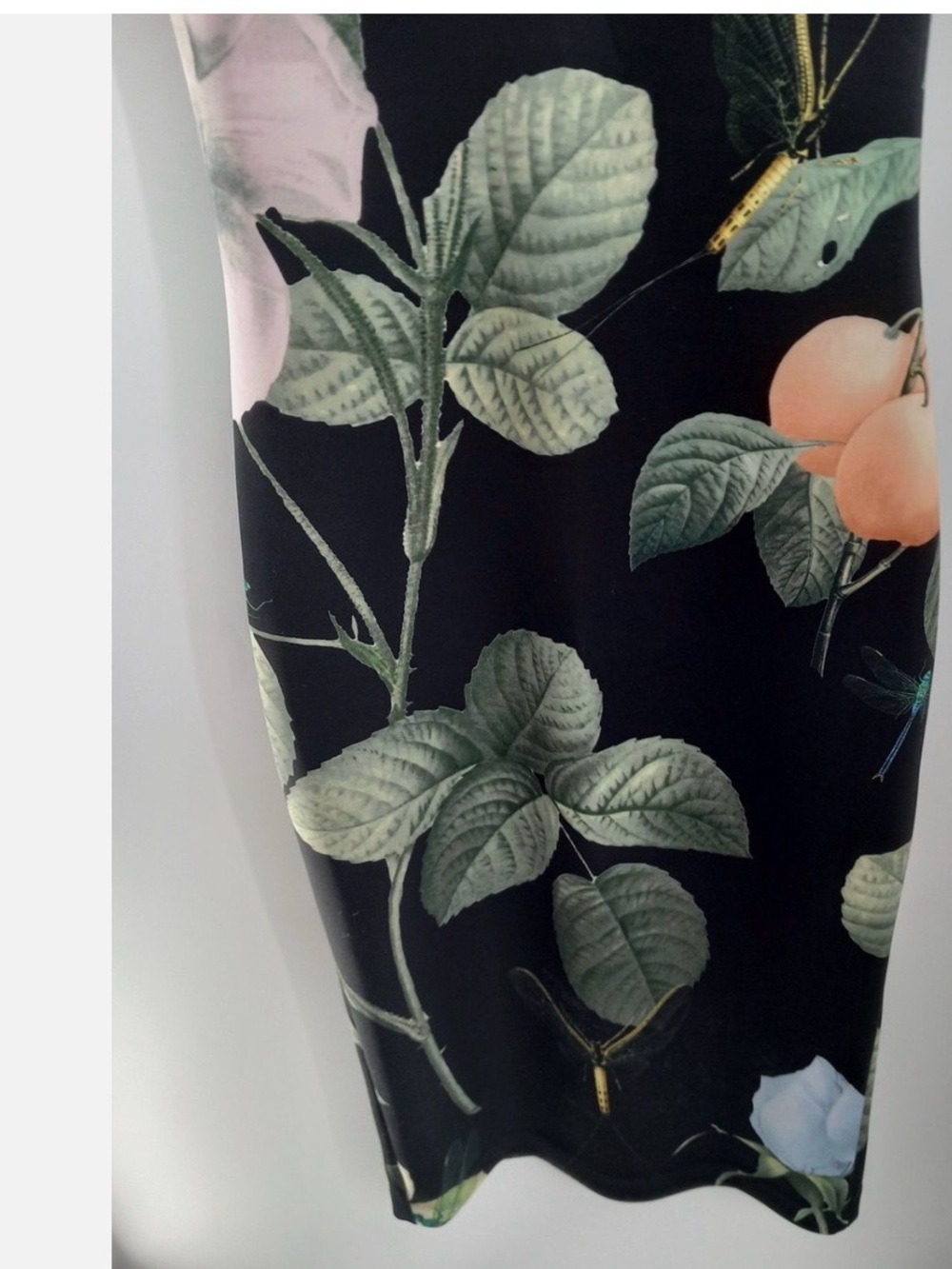 Ted Baker Black Floral Sheath Dress with Green Leaves and Peach Blooms - Picture 3 of 5